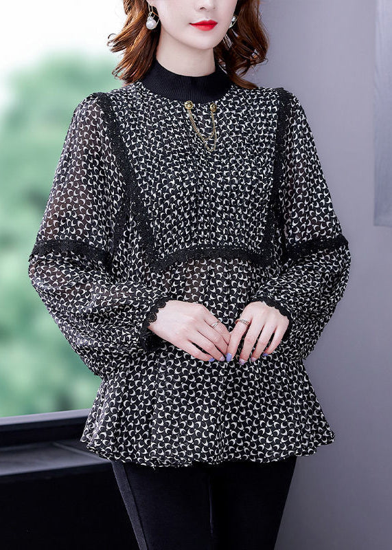 Loose Black Turtleneck Print Lace Patchwork Chiffon Shirt Fall