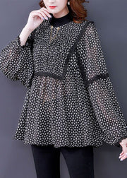 Loose Black Turtleneck Print Lace Patchwork Chiffon Shirt Fall