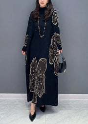 Loose Black Turtleneck Print Patchwork Cotton Knit Long Dresses Fall