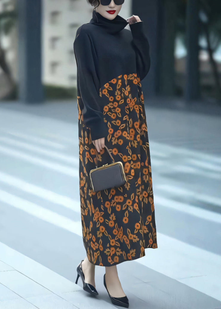 Loose Black Turtleneck Print Patchwork Long Dresses Winter