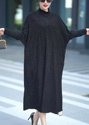 Loose Black Turtleneck Solid Cashmere Maxi Dresses Batwing Sleeve