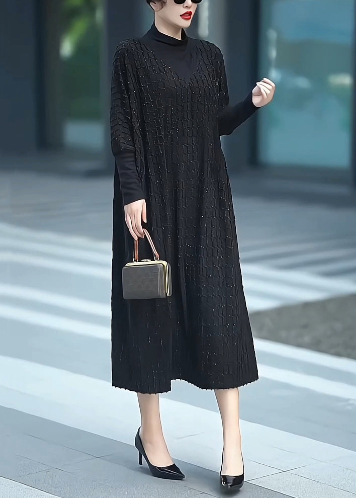 Loose Black Turtleneck Solid Cashmere Maxi Dresses Batwing Sleeve