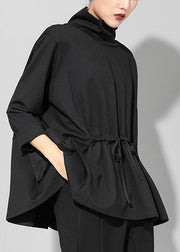 Loose Black Turtleneck Wrinkled Patchwork Tie Waist Top Long Sleeve