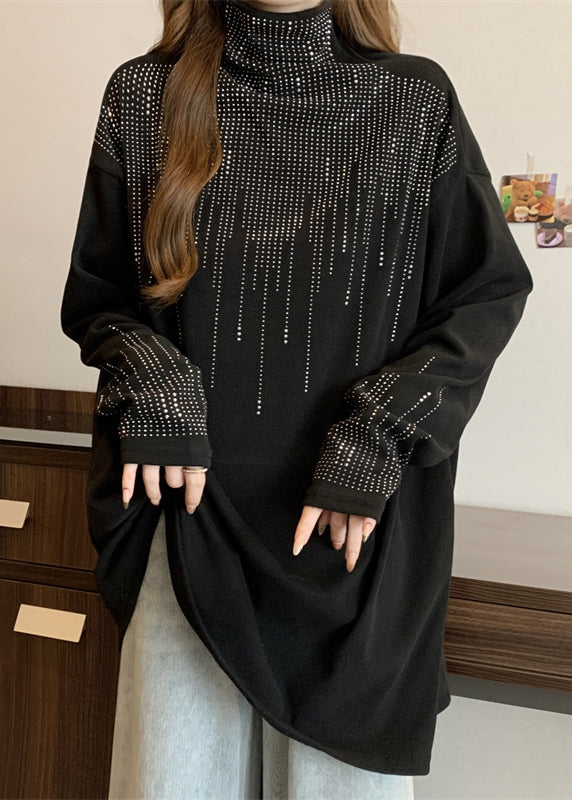 Loose Black Turtleneck Zircon Top Spring