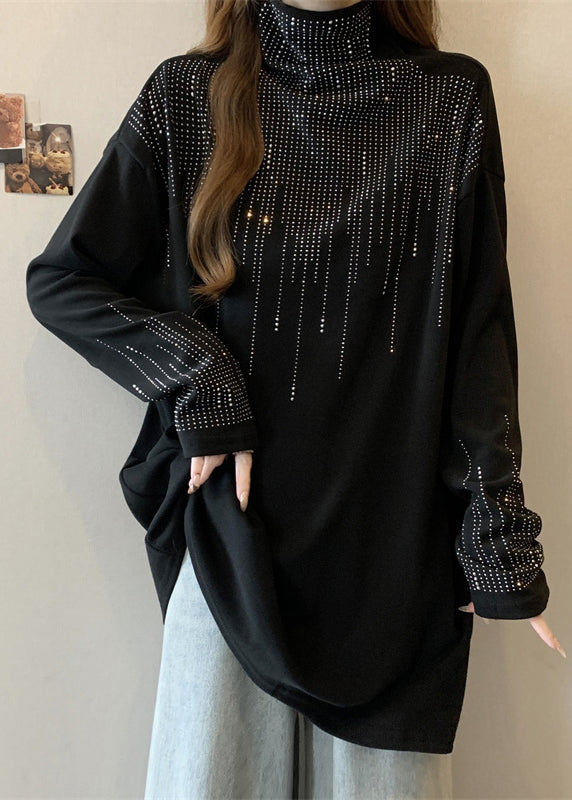 Loose Black Turtleneck Zircon Top Spring