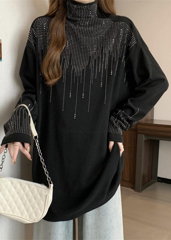 Loose Black Turtleneck Zircon Top Spring