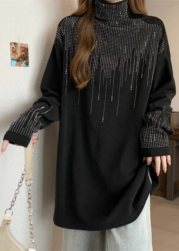 Loose Black Turtleneck Zircon Top Spring