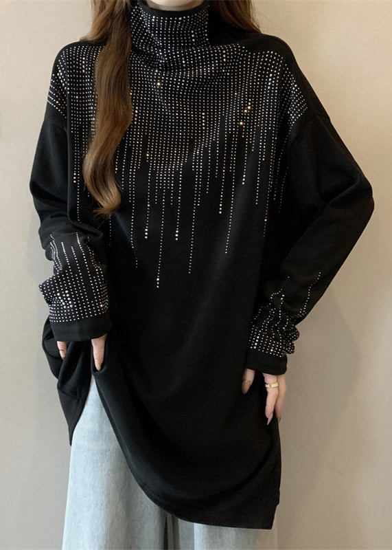 Loose Black Turtleneck Zircon Top Spring