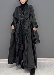 Loose Black V Neck Asymmetrical Patchwork Tie Waist Long Coat Winter