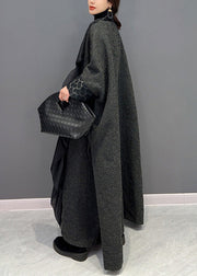 Loose Black V Neck Asymmetrical Patchwork Tie Waist Long Coat Winter