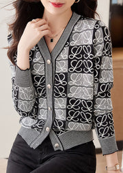 Loose Black V Neck Button Patchwork Knit Tops Fall