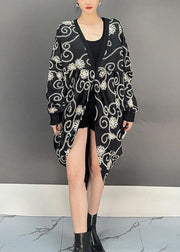 Loose Black V Neck Button Print Cotton Cardigan Spring