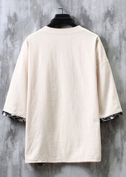 Loose Black V Neck Embroideried Linen Men T Shirts Half Sleeve