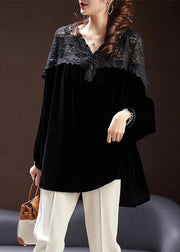 Loose Black V Neck Lace Patchwork Silk Velour Tops Spring