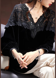 Loose Black V Neck Lace Patchwork Silk Velour Tops Spring