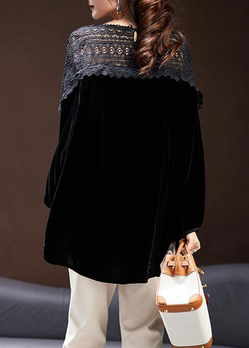 Loose Black V Neck Lace Patchwork Silk Velour Tops Spring