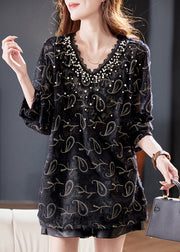 Loose Black V Neck Nail Bead Lace Blouse Spring