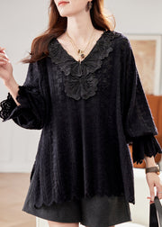 Loose Black V Neck Nail Bead Lace Shirt Flare Sleeve