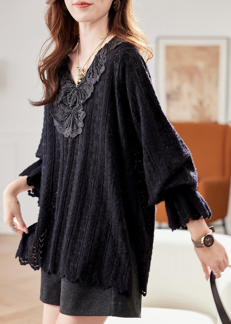 Loose Black V Neck Nail Bead Lace Shirt Flare Sleeve