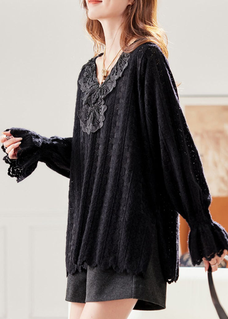 Loose Black V Neck Nail Bead Lace Shirt Flare Sleeve