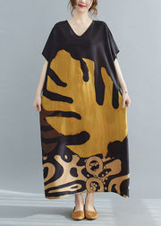 Loose Black-print3 V Neck Oversized Leaf Print Chiffon Long Dress Short Sleeve