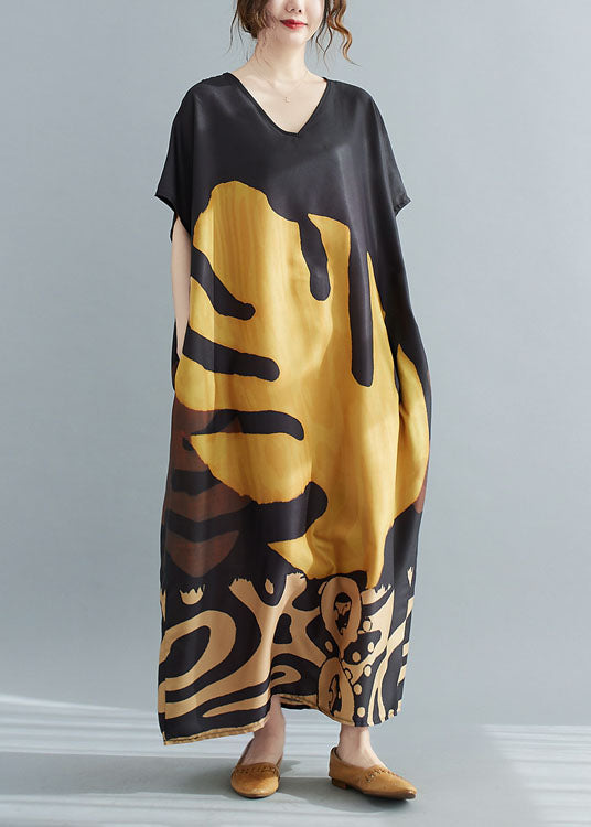 Loose Black-print3 V Neck Oversized Leaf Print Chiffon Long Dress Short Sleeve