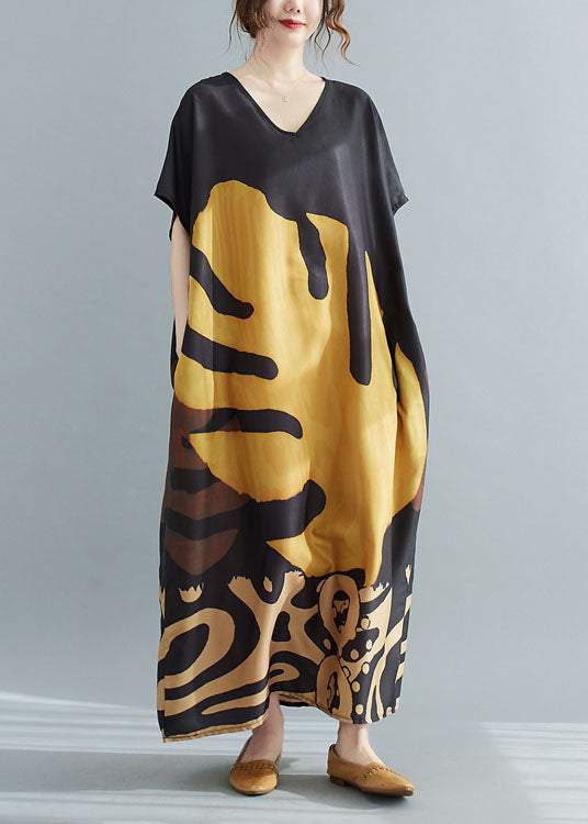 Loose Black - texture V Neck Oversized Leaf Print Chiffon Long Dress Short Sleeve