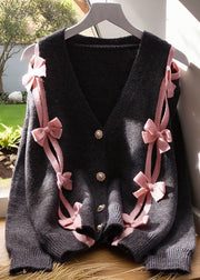 Loose Black V Neck Patchwork Bow Knit Jackets Spring