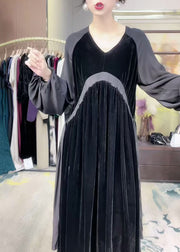 Loose Black V Neck Patchwork Silk Velvet Long Dress Winter