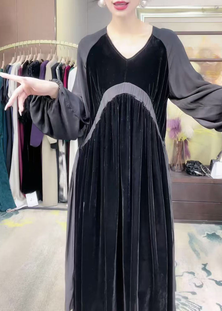 Loose Black V Neck Patchwork Silk Velvet Long Dress Winter