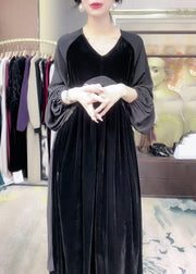 Loose Black V Neck Patchwork Silk Velvet Long Dress Winter