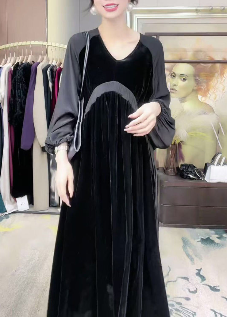 Loose Black V Neck Patchwork Silk Velvet Long Dress Winter