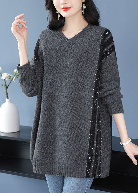 Loose Black V Neck Patchwork Woolen Knit Pullover Spring