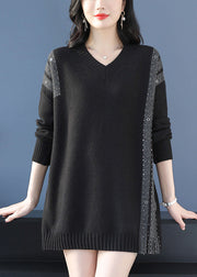 Loose Black V Neck Patchwork Woolen Knit Pullover Spring