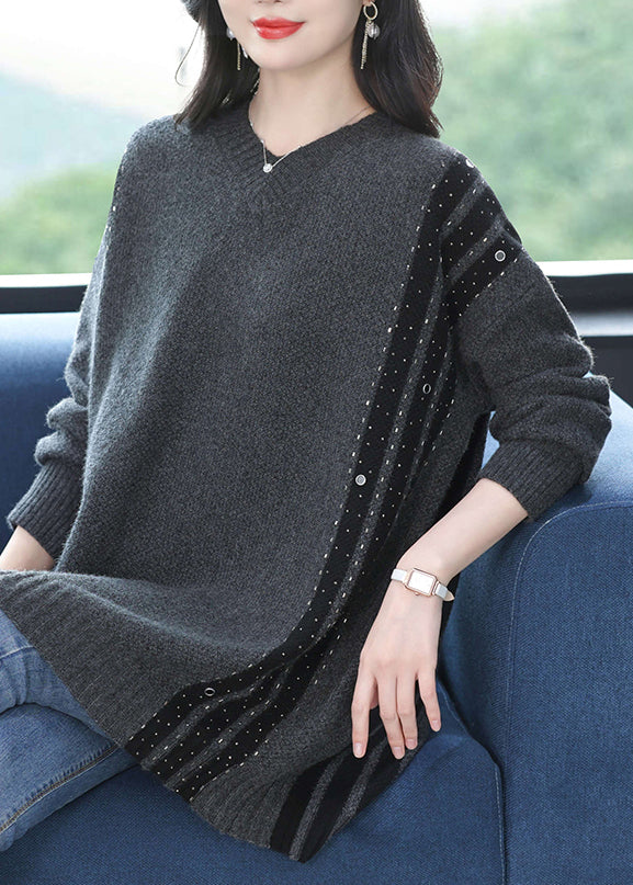 Loose Black V Neck Patchwork Woolen Knit Pullover Spring