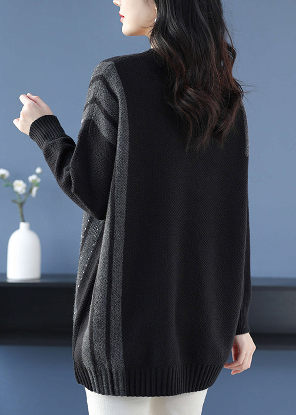 Loose Black V Neck Patchwork Woolen Knit Pullover Spring