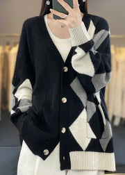 Loose Black V Neck Plaid Button Wool Knit Cardigans Winter