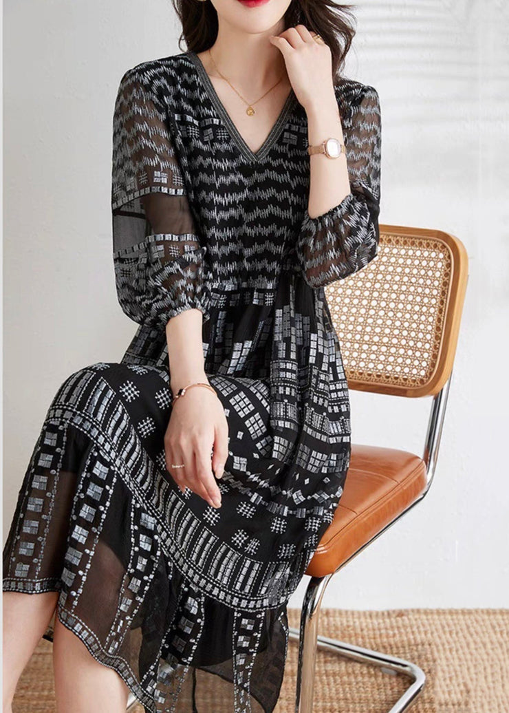 Loose Black V Neck Print Chiffon Long Dress Summer