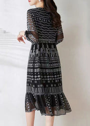 Loose Black V Neck Print Chiffon Long Dress Summer