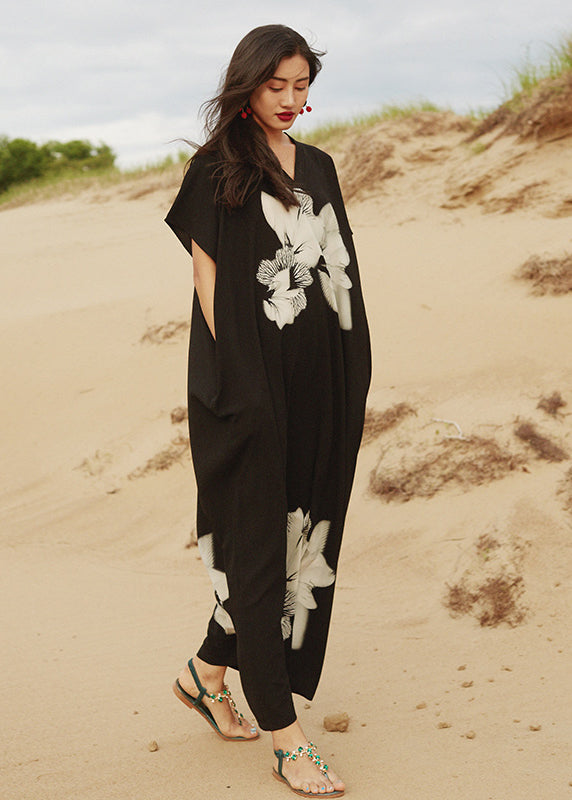 Loose Black V Neck Print Cotton Vacation Long Dresses Summer