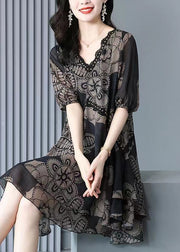 Loose Black V Neck Print Lace Patchwork Chiffon Mid Dress Summer