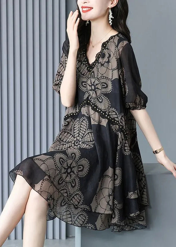 Loose Black V Neck Print Lace Patchwork Chiffon Mid Dress Summer