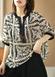 Loose Black V Neck Print Patchwork Silk Shirts Short Sleeve