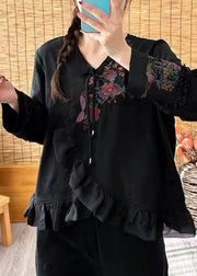 Loose Black V Neck Ruffled Embroidered Floral Button Shirt Long Sleeve