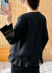 Loose Black V Neck Ruffled Embroidered Floral Button Shirt Long Sleeve