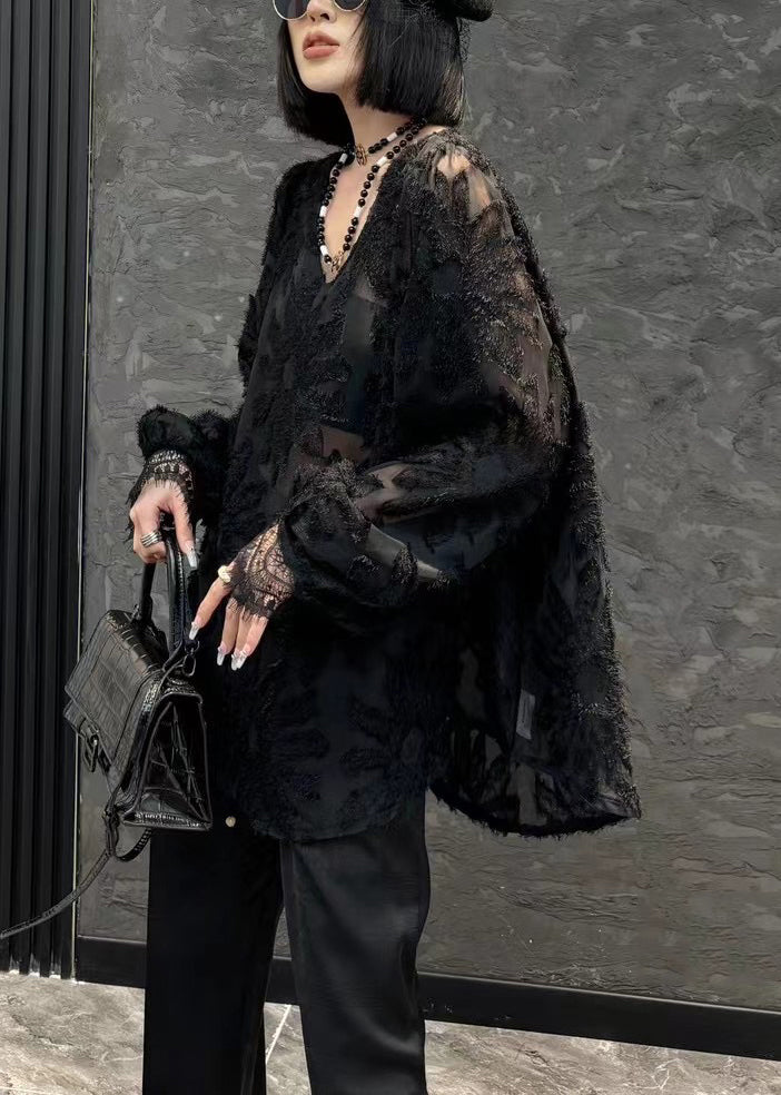 Loose Black V Neck Solid Chiffon Shirt Long Sleeve