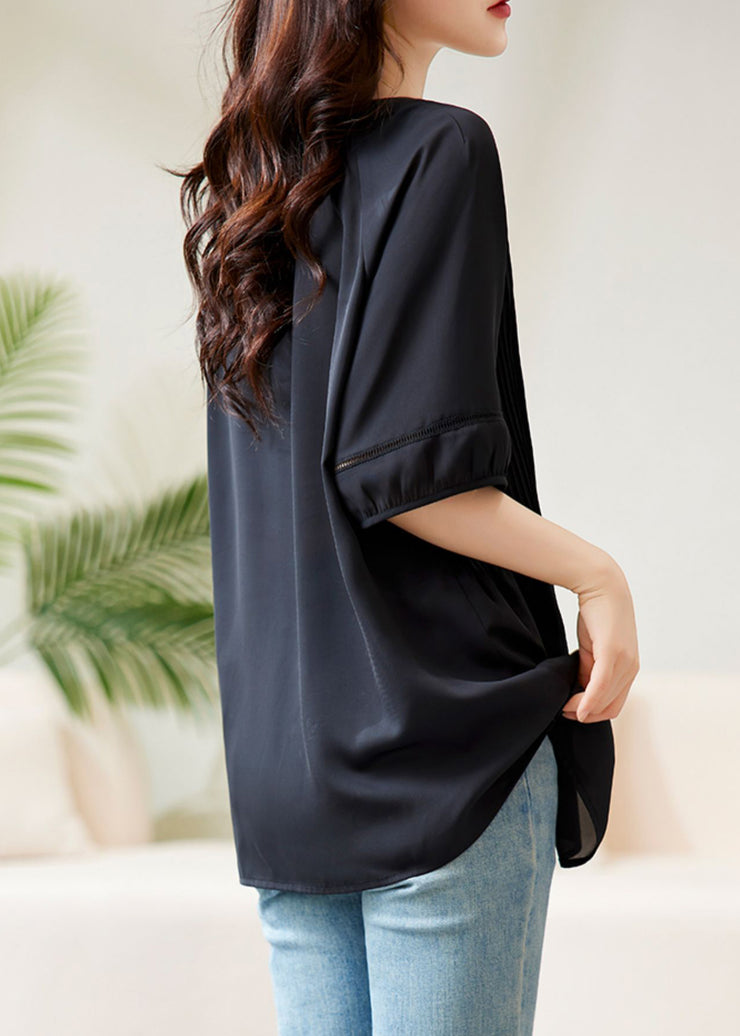 Loose Black V Neck Wrinkled Chiffon Tops Half Sleeve