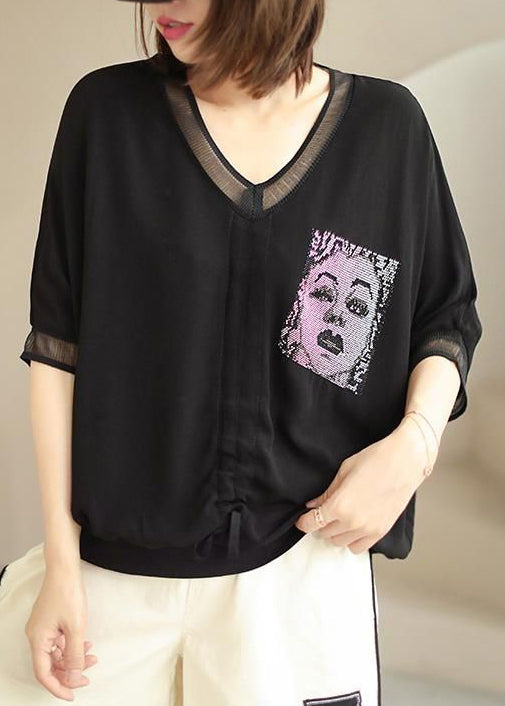 Loose Black V Neck Zircon Silk Cotton T Shirt Batwing Sleeve