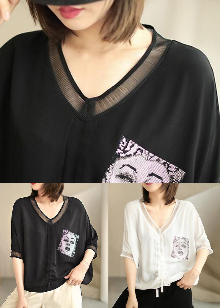 Loose Black V Neck Zircon Silk Cotton T Shirt Batwing Sleeve