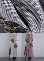 Loose Black White Plaid Peter Pan Collar Patchwork Cotton Long Dress Fall